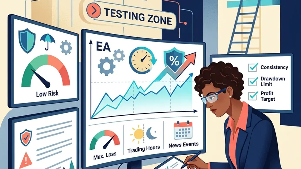 Cartoon trader rehearsing an EA setup on a test account