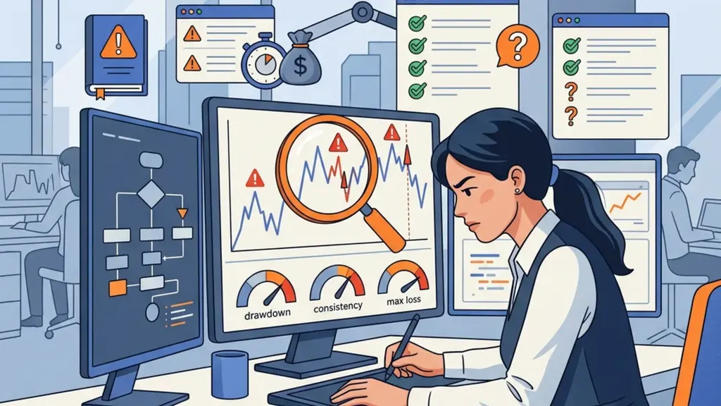 Cartoon trader reviewing EA records and supporting evidence