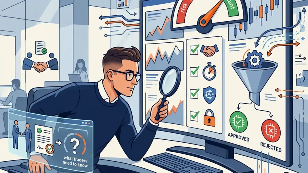 Cartoon trader checking prop firm permissions before using an EA