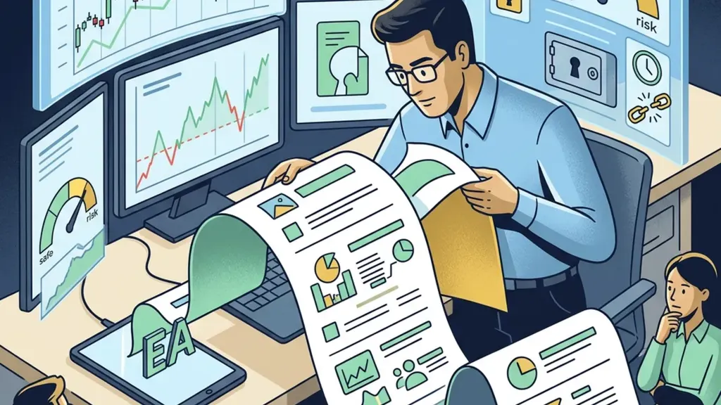 Cartoon trader reviewing a documented trading setup checklist