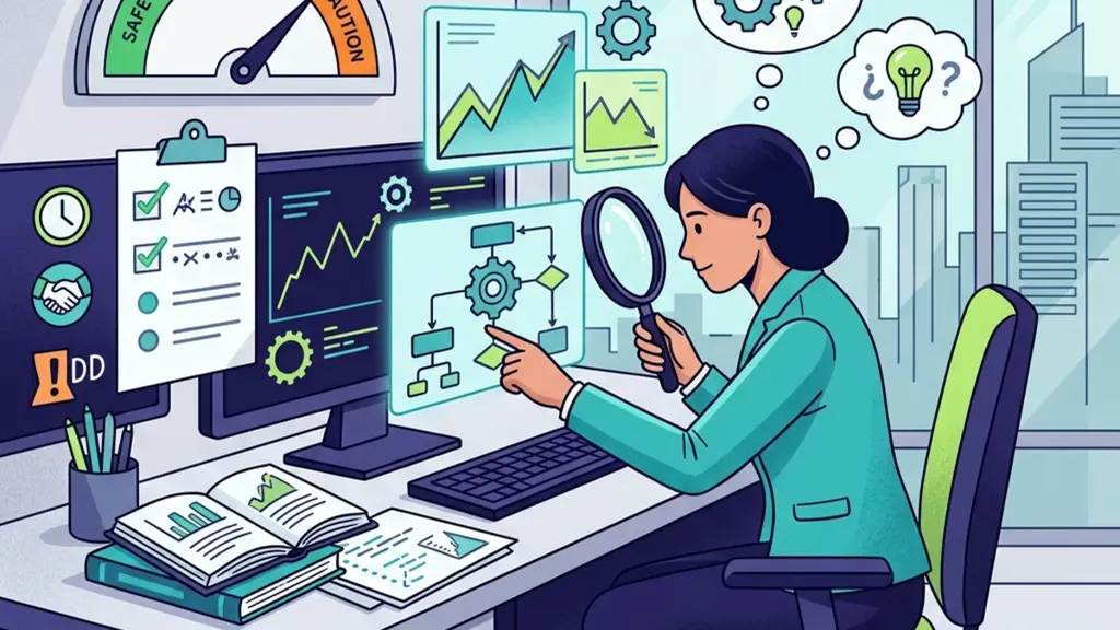 Cartoon trader studying the logic behind an automated strategy