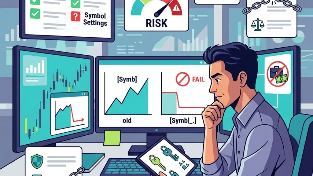 Cartoon illustration of checking broker symbols and account settings