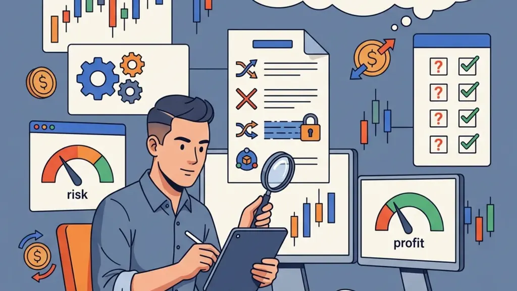 Cartoon trader checking software vendor claims and documentation