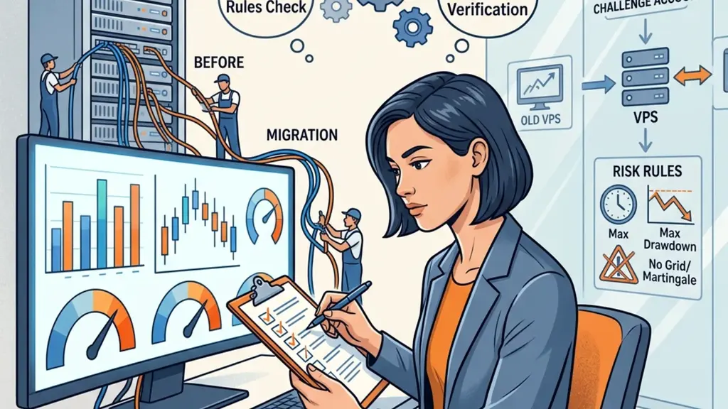 Cartoon illustration of moving a trading terminal between VPS servers